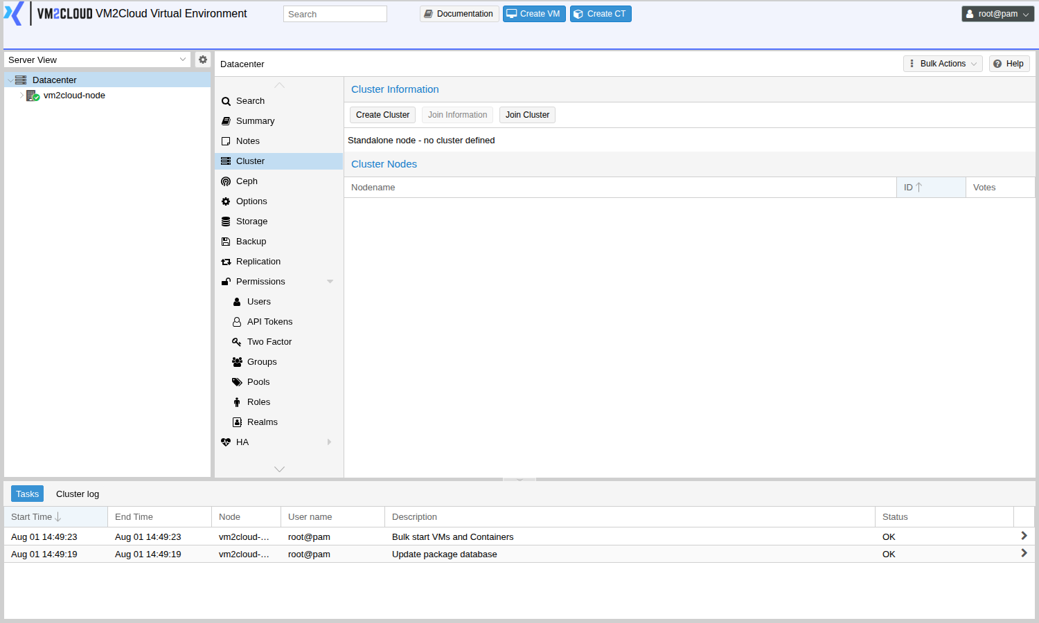 The Cluster panel on a node that is not yet in a cluster