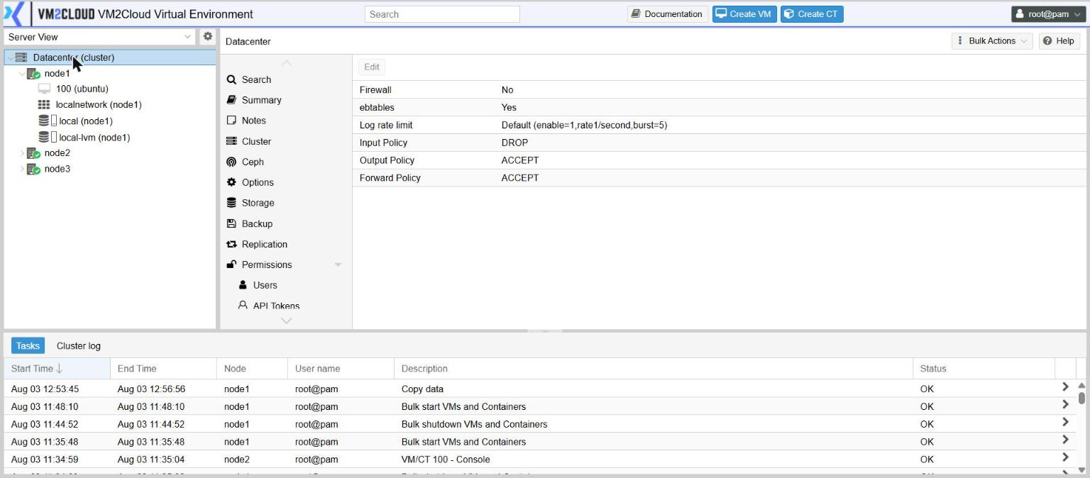 The datacenter firewall options, with the master switch off and Input Policy set to DROP