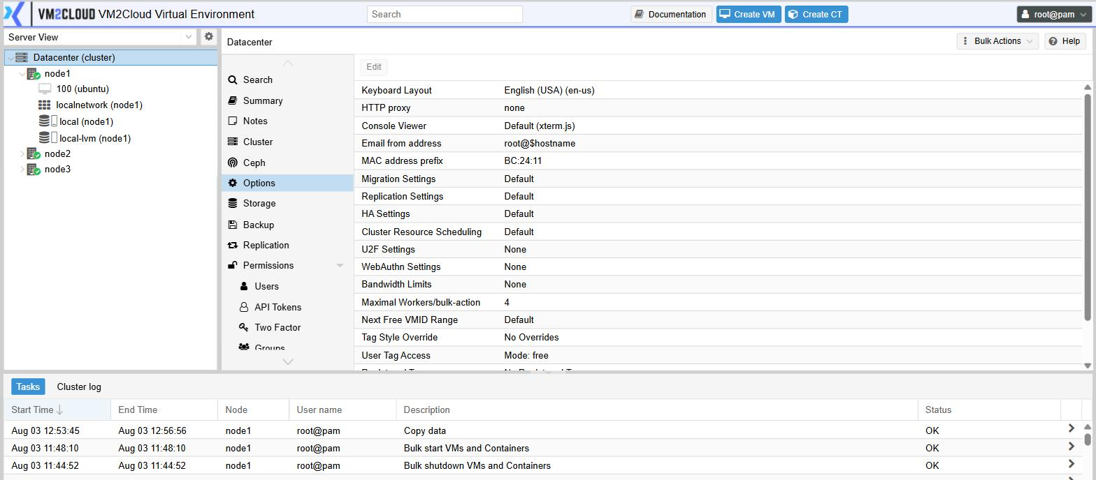 The Datacenter menu, with Options selected