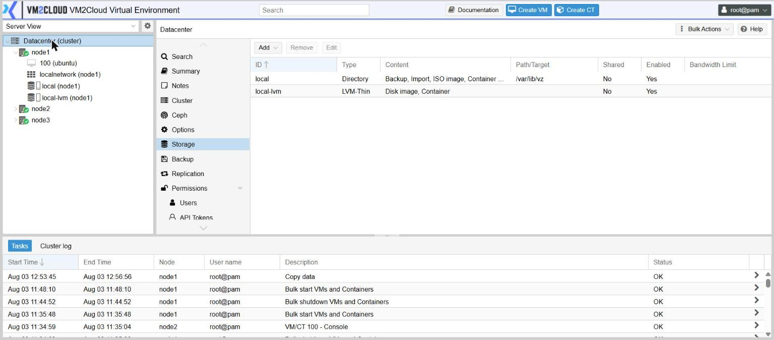 The storage list on a new installation
