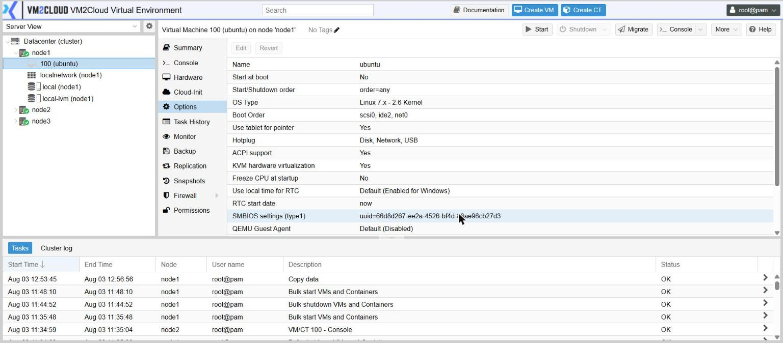 The options of a virtual machine