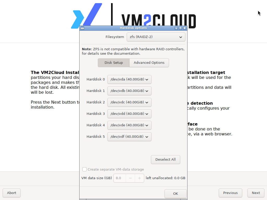 ZFS RAIDZ-2 selected across six disks