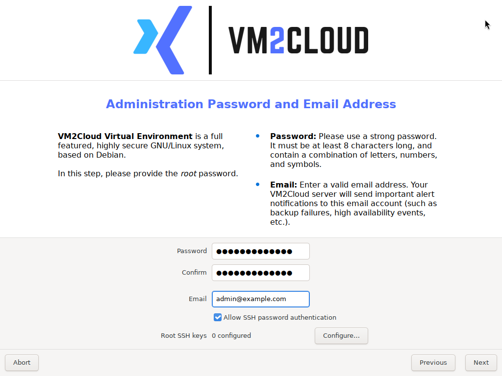 Administration password and e-mail