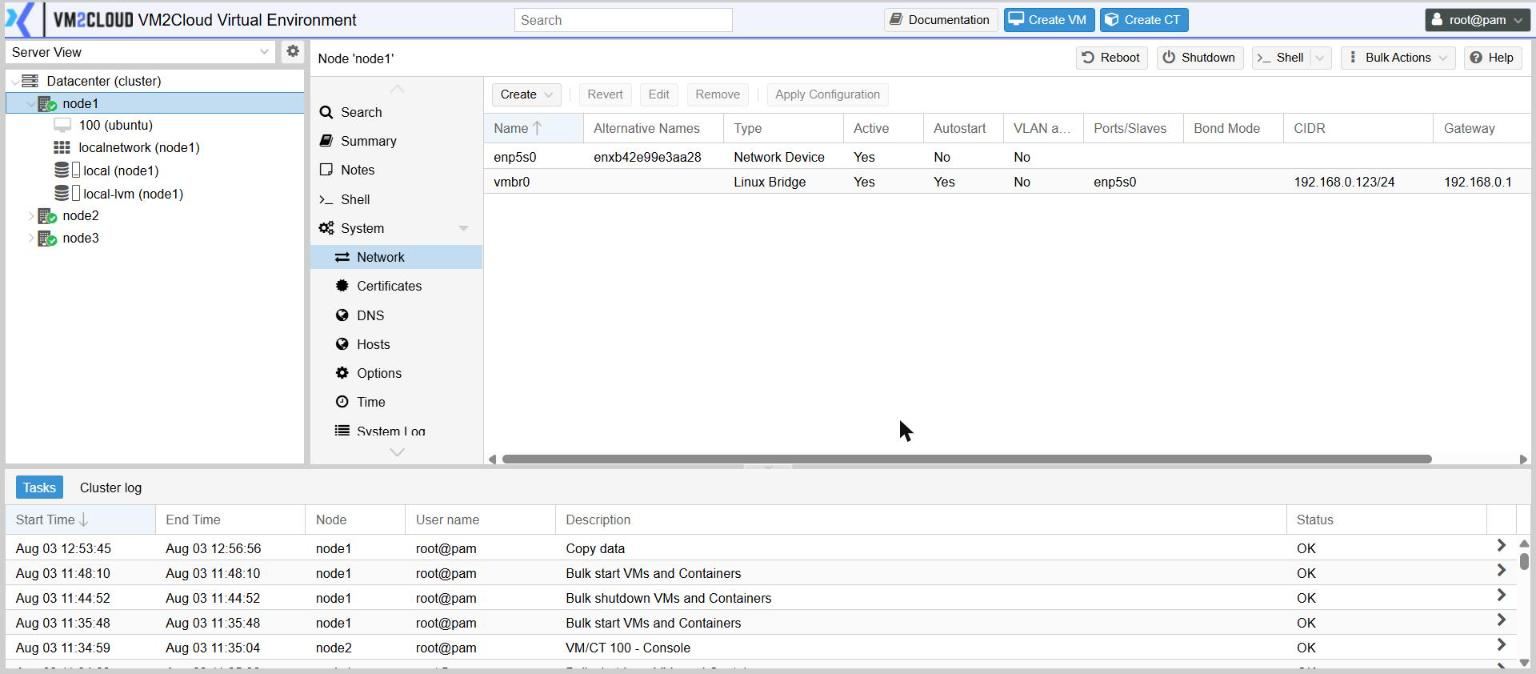 The node menu, with System → Network selected